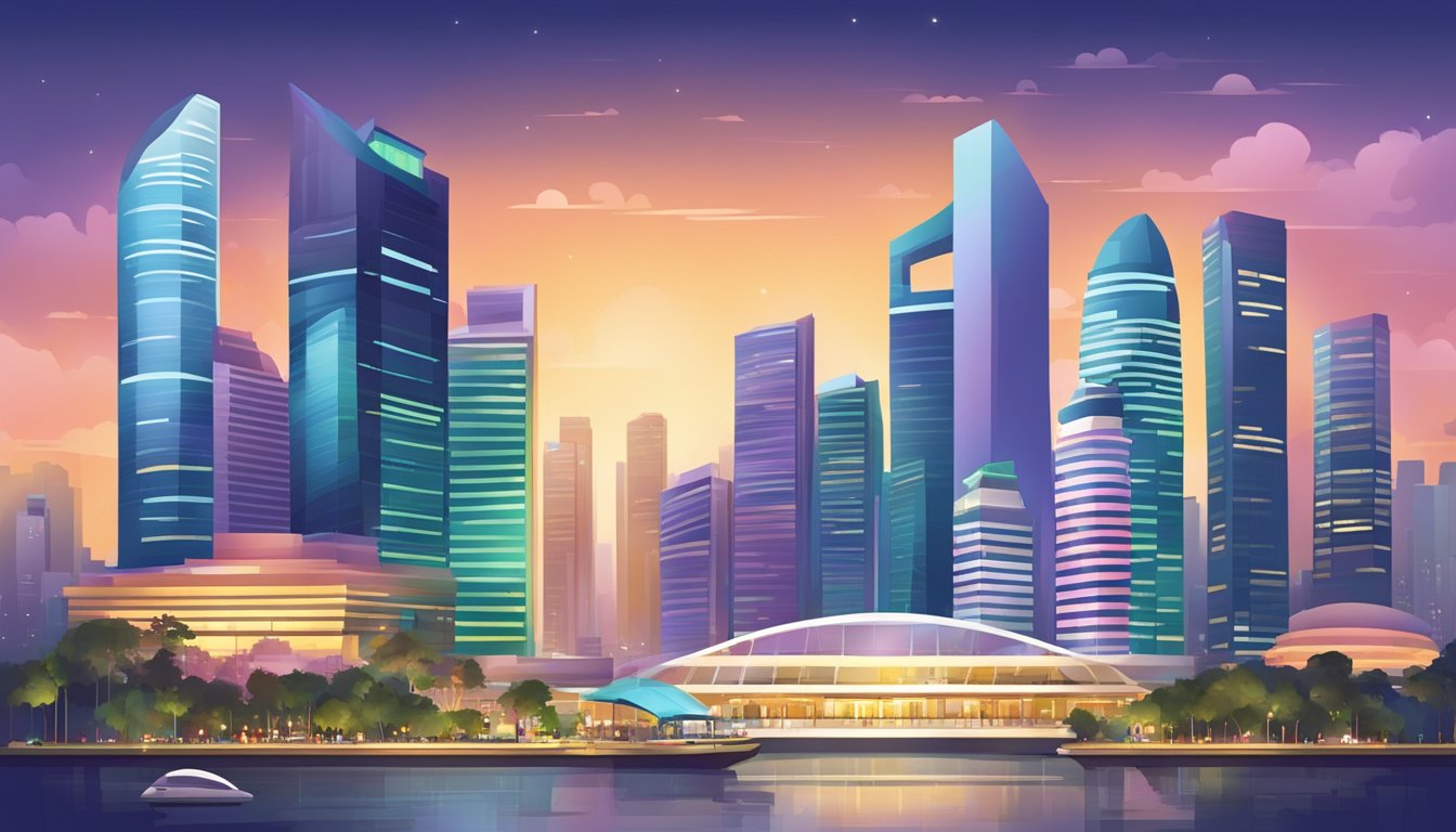 A vibrant cityscape with iconic landmarks and bustling streets in Singapore, showcasing the modern and dynamic atmosphere of the city