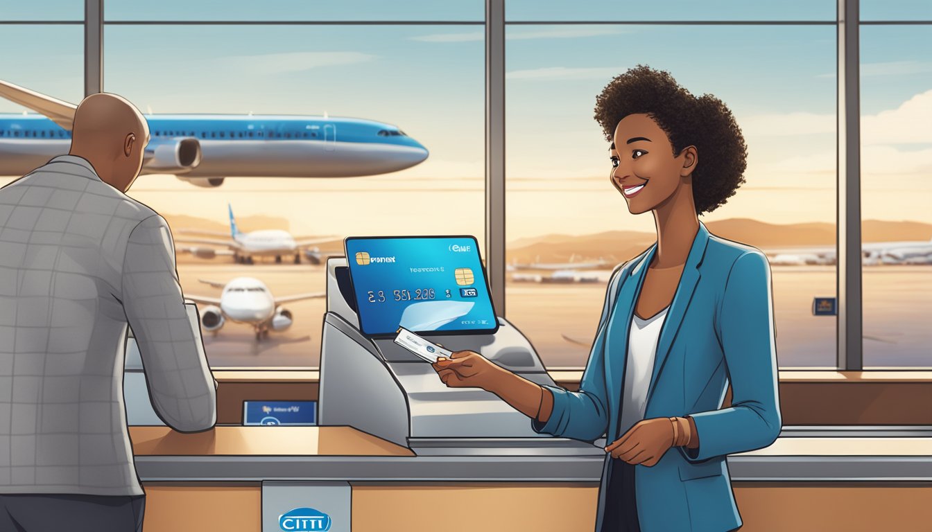 A traveler swiping a Citi PremierMiles card at a check-in counter, with a plane taking off in the background