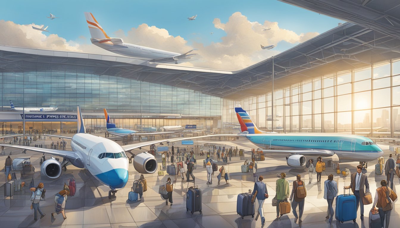 A bustling airport terminal with planes on the tarmac, travelers with luggage, and a prominent Citi PremierMiles advertisement