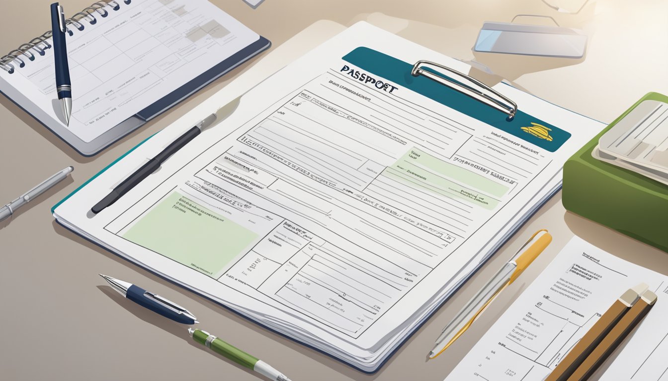 A passport and completed application form lie on a desk, with a pen ready to fill in details