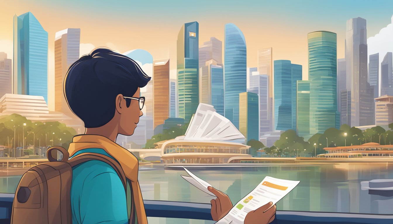 A traveler browsing through a list of frequently asked questions about the Citi PremierMiles card, with a cityscape of Singapore in the background
