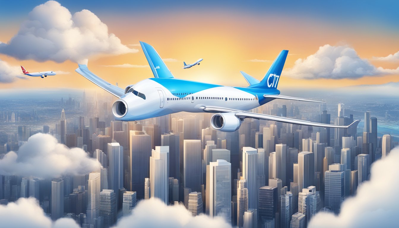 A plane flying over city skyline with Citi and KrisFlyer logos. Bright blue sky and clouds in the background