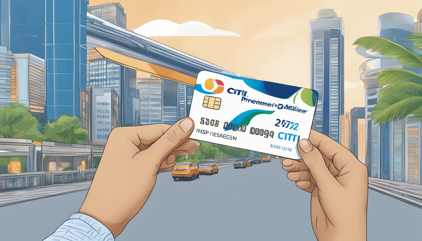 A hand holding a Citi PremierMiles Card, with a computer screen showing the KrisFlyer Singapore website in the background
