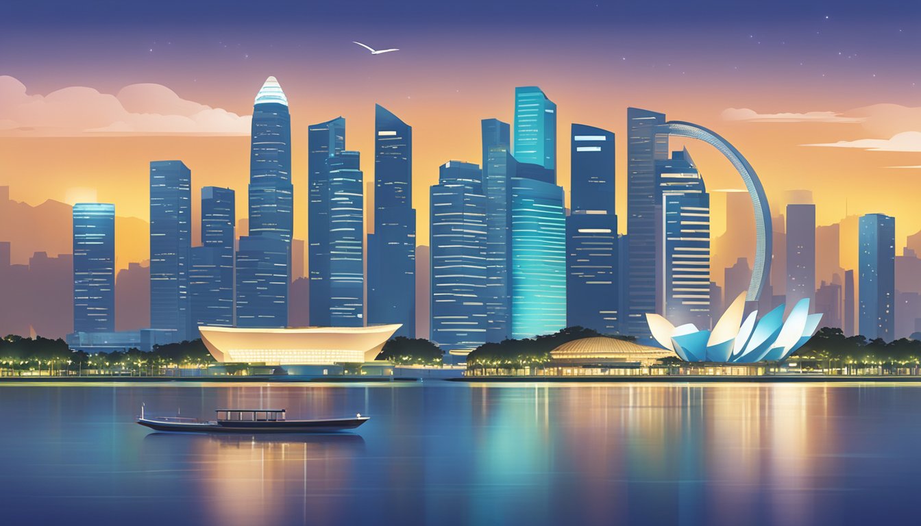 The iconic skyline of Singapore is illuminated at night, with the majestic Marina Bay Sands and the towering skyscrapers of the city center, creating a breathtaking backdrop for the Citi PremierMiles travel insurance logo