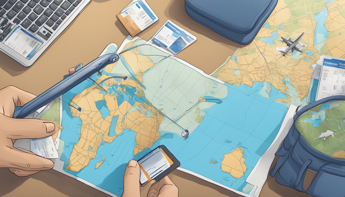 A traveler holding a Citi PremierMiles Card, with a map, airplane, and travel insurance documents in the background