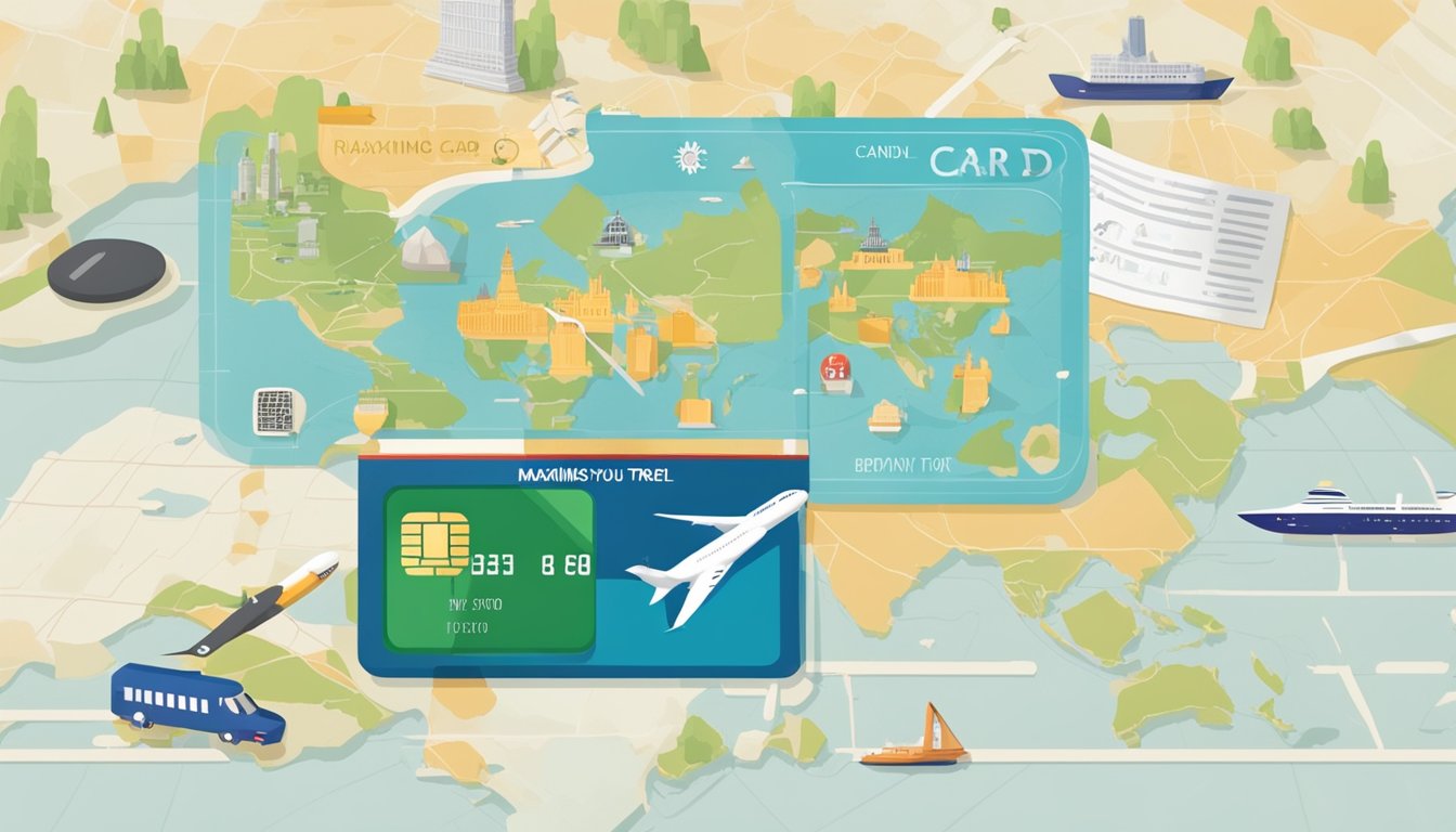 A passport, boarding pass, and credit card lay on a map with iconic landmarks in the background. The words "Maximising Your Card for Travel and Beyond" are prominently displayed