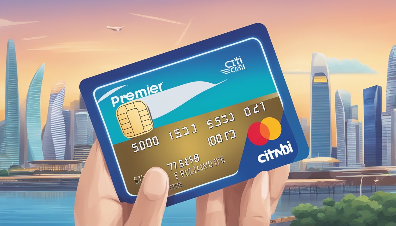 A traveler holds Citi PremierMiles card next to other travel cards, with Singapore skyline in the background