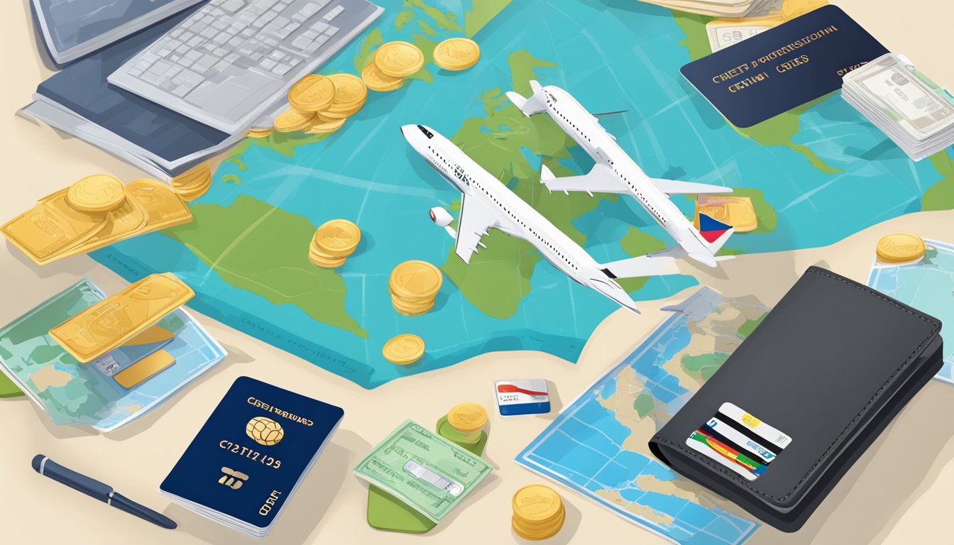 A table with two credit cards, Citi PremierMiles and DBS Altitude, surrounded by travel-related items like a passport, plane tickets, and a world map