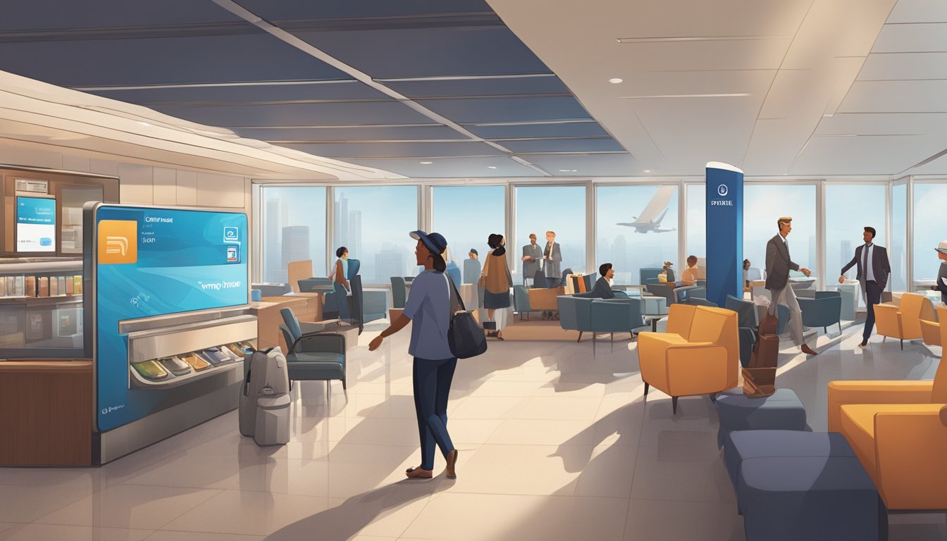 A traveler swiping a Citi PremierMiles card at a bustling airport lounge, with a DBS Altitude card in hand. Travel posters and city skylines decorate the walls