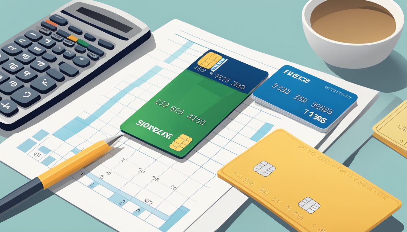Two credit cards facing each other on a table, with a calculator and a list of costs and fees next to them