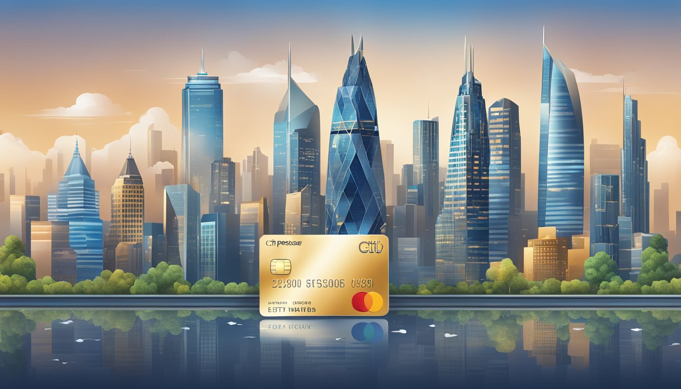 A luxurious city skyline with the Citi Prestige card prominently displayed, surrounded by exclusive rewards and points symbols