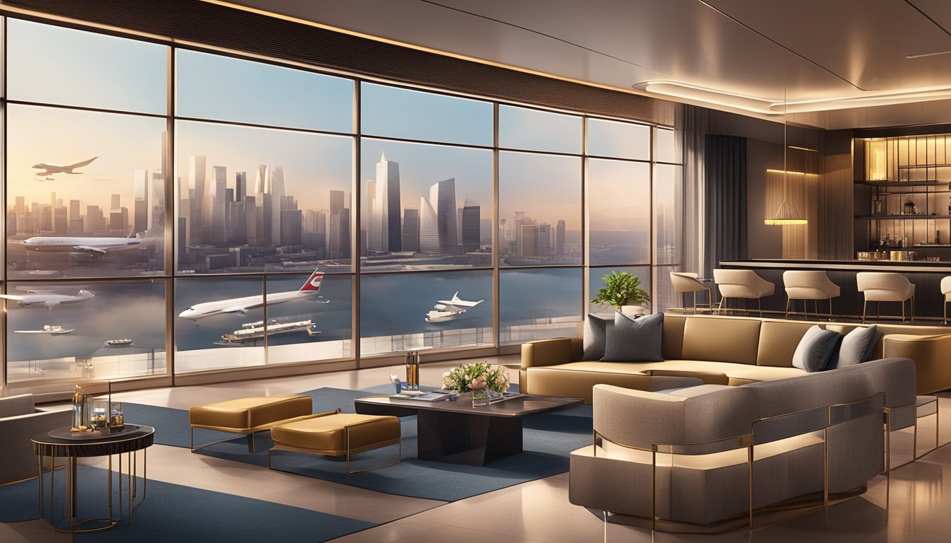 A luxurious hotel with a stunning rooftop pool overlooking the city skyline, a private airport lounge with exclusive amenities, and a sleek, modern credit card symbolizing elite travel privileges and perks