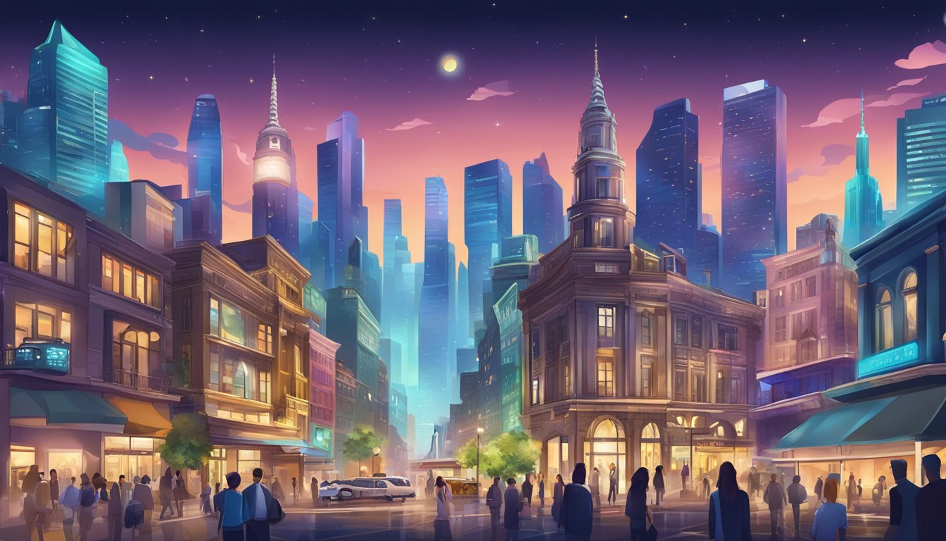 A bustling cityscape with iconic landmarks, vibrant nightlife, and luxury amenities