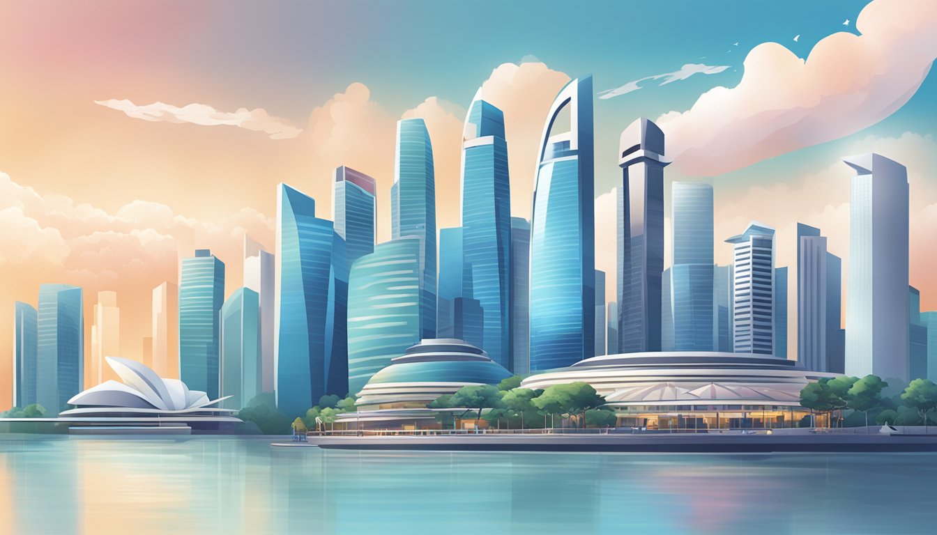 A sleek and modern cityscape with iconic Singapore landmarks in the background, accompanied by the Citi Prestige logo and a list of benefits floating in the sky