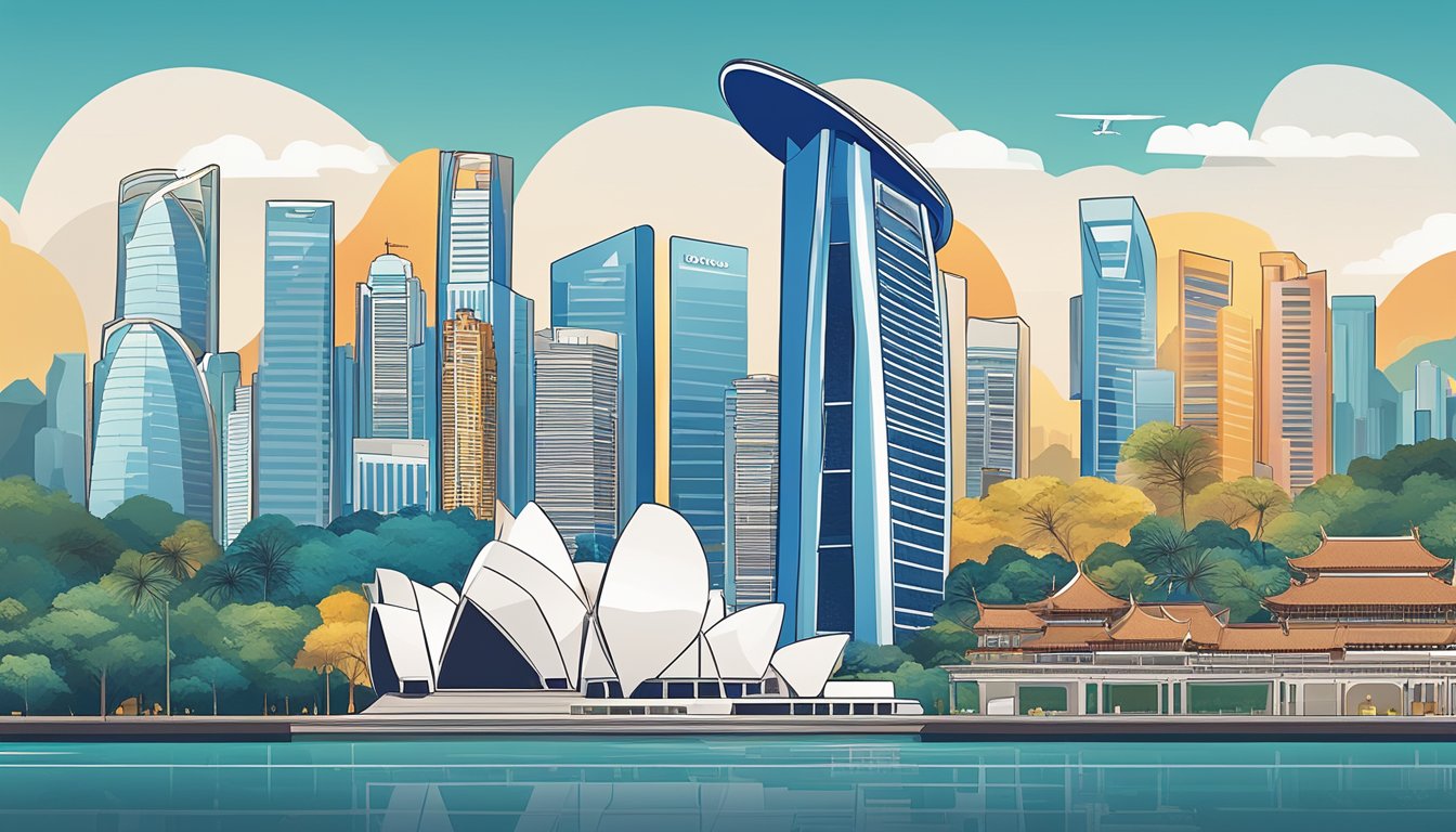 A sleek and modern credit card sits against a backdrop of iconic Singaporean landmarks, showcasing the city's prestigious and luxurious lifestyle