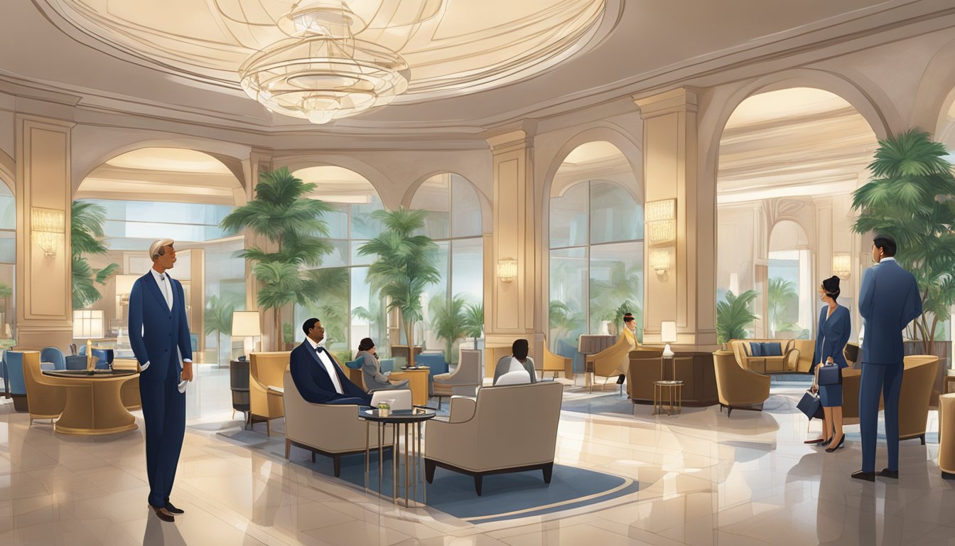 A luxurious hotel lobby with a concierge assisting a guest, while others relax in plush seating. A sign advertises exclusive travel benefits for Citi Prestige cardholders