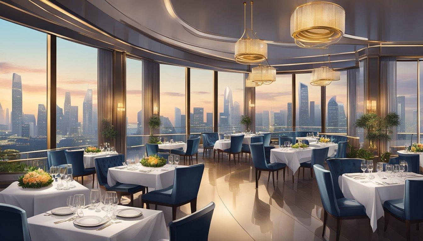 A luxurious dining experience with city skyline views, elegant table settings, and gourmet dishes at a high-end restaurant in Singapore