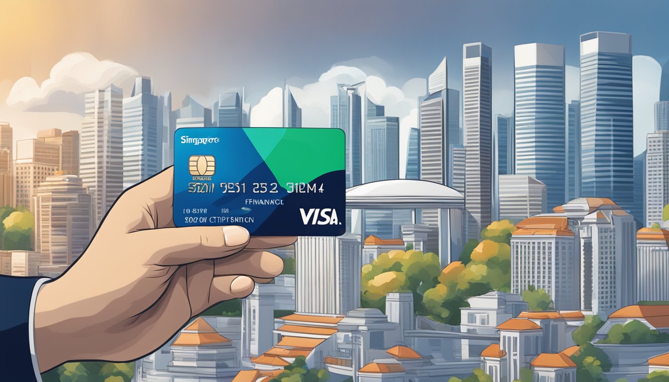 A hand holding a Citi Prestige card with Singapore skyline in the background, symbolizing financial flexibility and charges