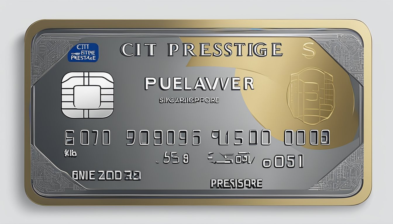 The Citi Prestige card is displayed with a prominent "fee waiver" label in Singapore. The card features are highlighted in bold lettering