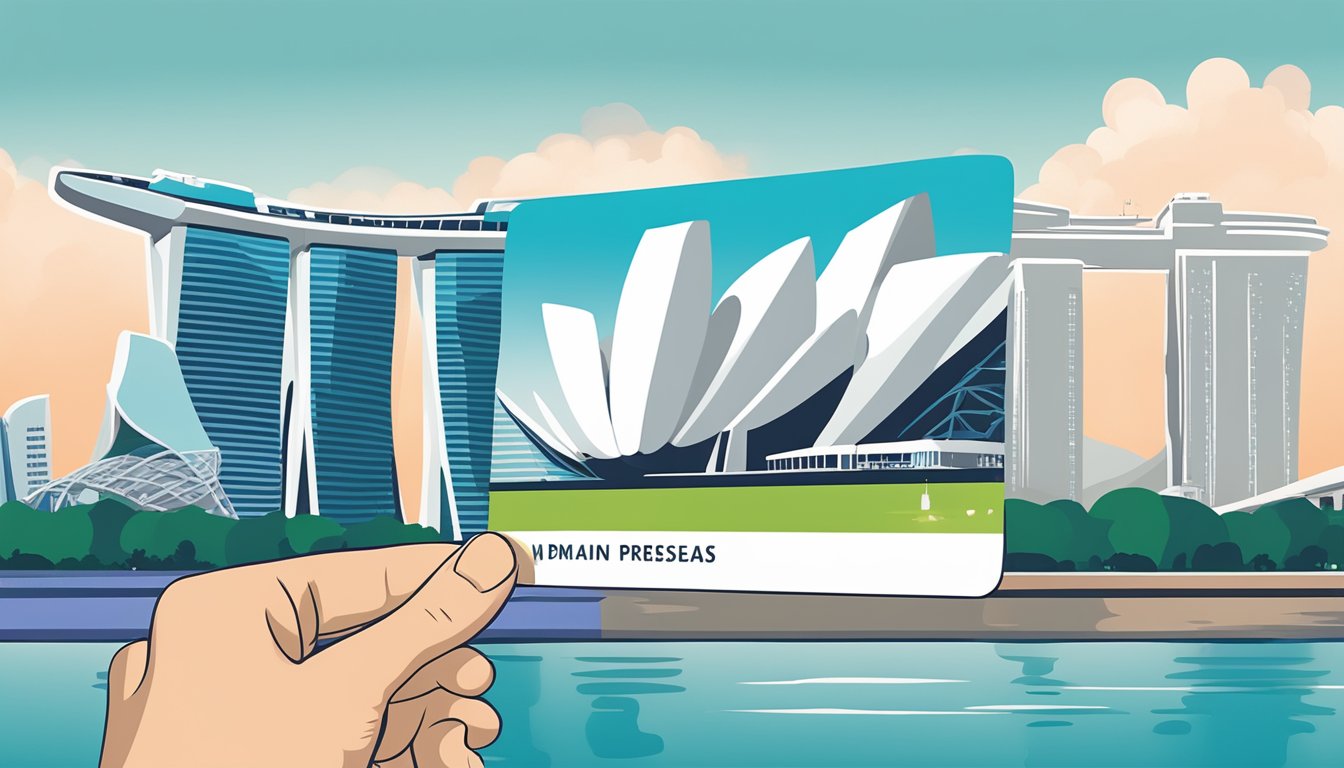 A hand holding a Citi Prestige card against a backdrop of iconic Singapore landmarks, such as the Marina Bay Sands and the Gardens by the Bay