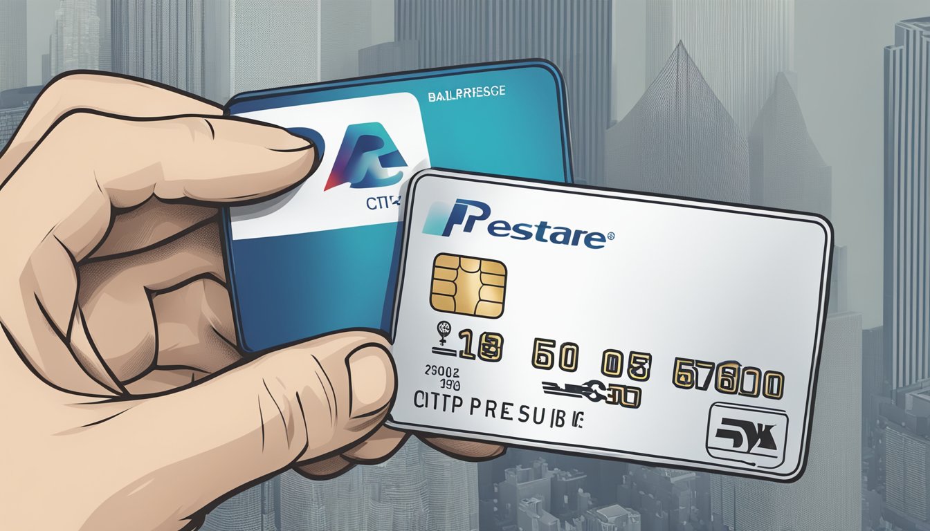 A hand holding a Citi Prestige card, with a points balance increasing and then being redeemed for rewards