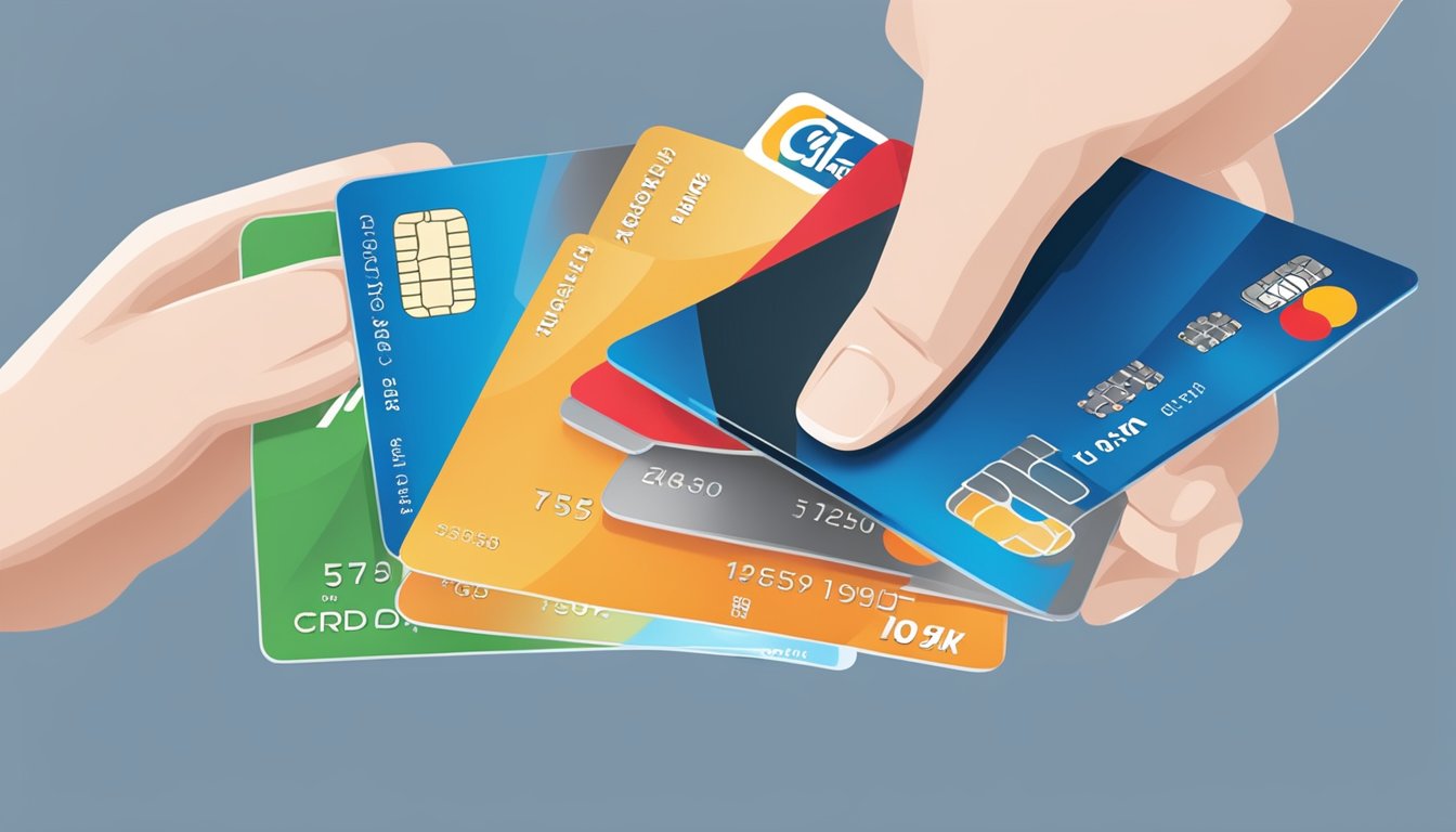 A hand holding a Citi Prestige card next to other credit cards for comparison. Text "Citi Prestige Card Review Singapore" visible