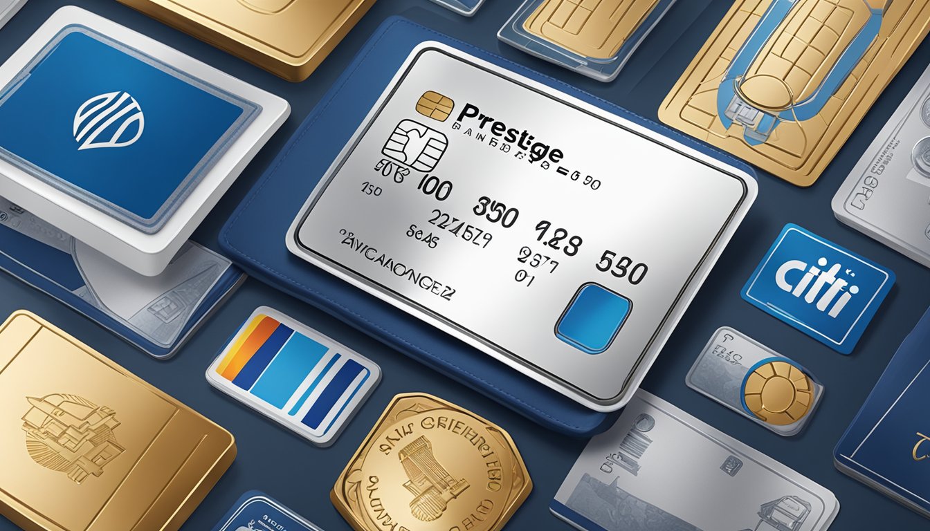 The Citi Prestige card sits on a sleek, modern table. Surrounding it are icons representing various card features and services, such as travel benefits, concierge services, and exclusive events. The card exudes luxury and sophistication