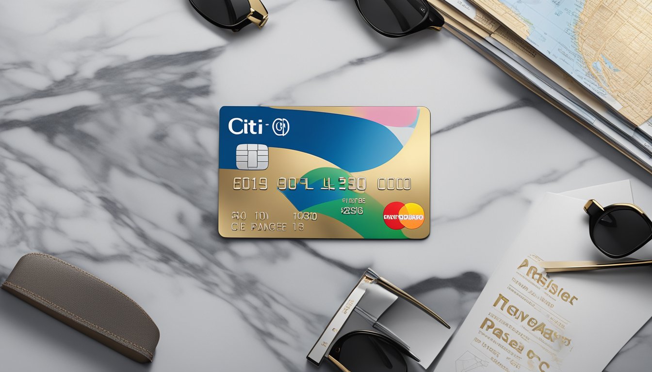The Citi Prestige Card, with its sleek design and metallic finish, sits on a luxurious marble tabletop, surrounded by a stack of high-end travel magazines and a passport