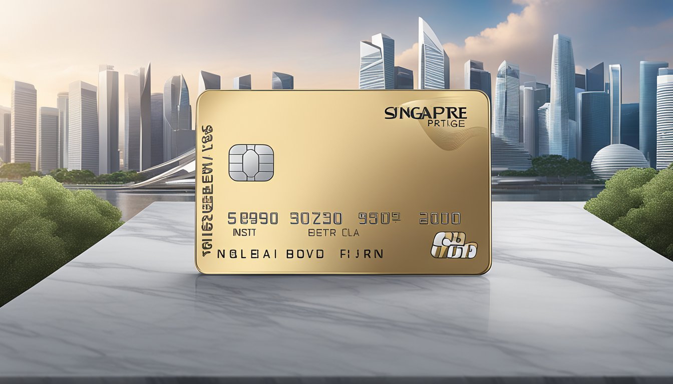 A sleek Citi Prestige card sits on a marble countertop, with the Singapore skyline in the background. The card exudes luxury and financial privileges