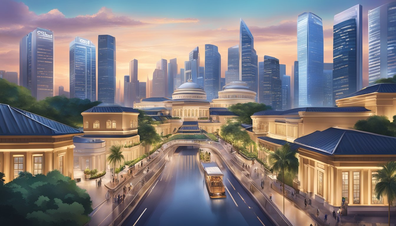A luxurious cityscape with iconic Singapore landmarks, showcasing lifestyle perks such as fine dining, shopping, and entertainment options for Citi Prestige cardholders