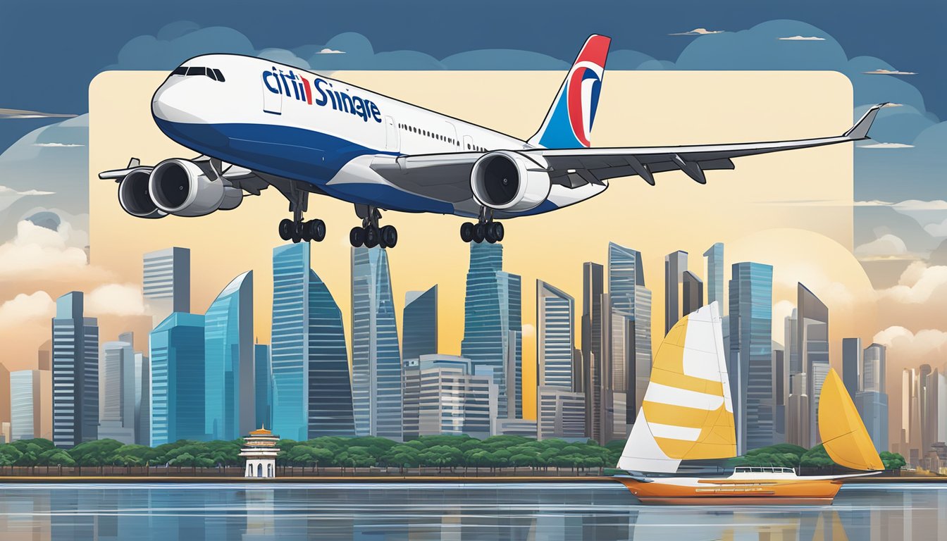 A Citi Prestige card surrounded by airline logos, with a Singapore skyline in the background
