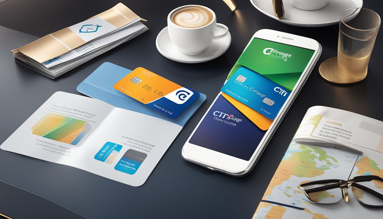 A sleek Citi Prestige card rests on a luxurious desk, surrounded by travel brochures and a smartphone displaying the Citi Prestige Concierge app