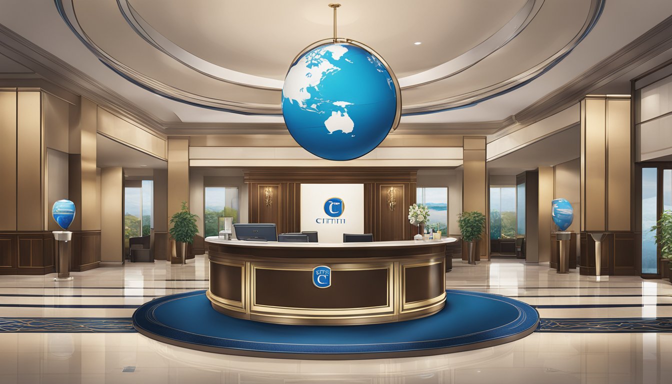 A luxurious hotel lobby with a concierge desk, displaying the Citi Prestige logo. A globe and travel brochures are arranged neatly on the counter