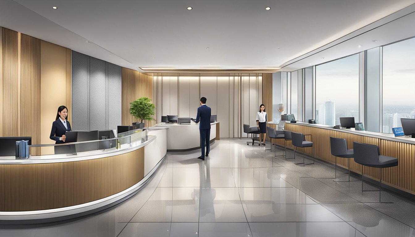 The concierge desk at Citi Prestige in Singapore, with a sleek and modern design, is bustling with activity as staff assist customers with various services and inquiries