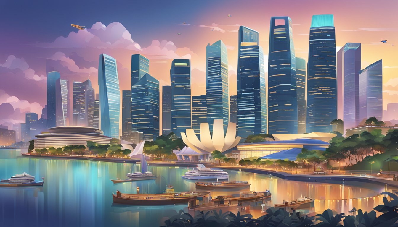 A bustling Singapore cityscape with iconic landmarks, busy streets, and a modern skyline, showcasing the vibrant energy and dynamic atmosphere of the city