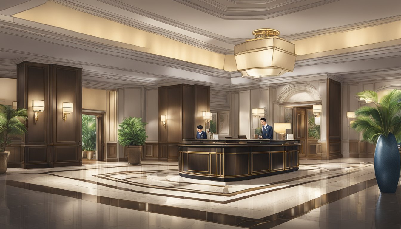 A luxurious hotel lobby in Singapore with a Citi Prestige concierge desk, showcasing exclusive rewards and offers for guests