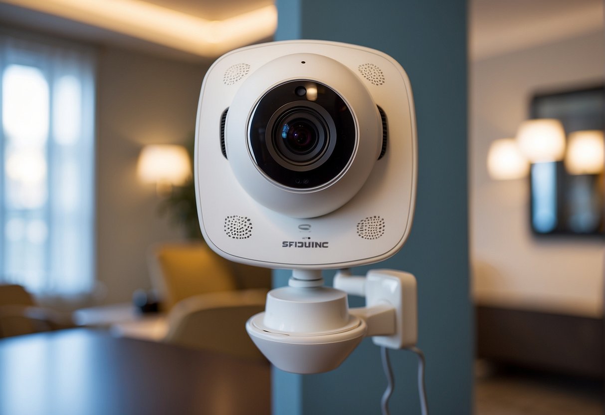 A wifi smart net camera mounted on a wall, with a clear view of a room, and a small LED light indicating its active status