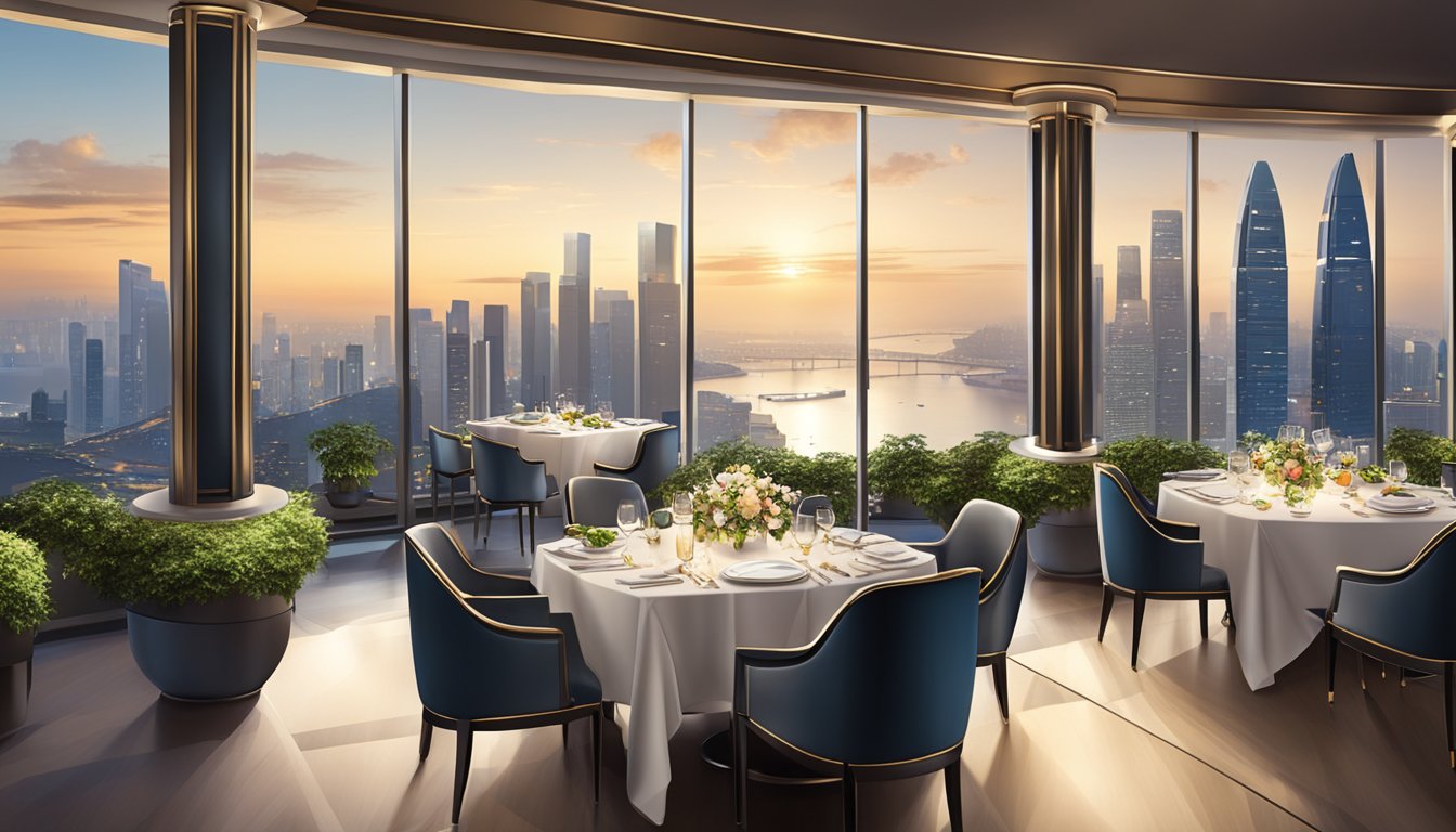 A luxurious dining scene at a high-end restaurant in Singapore, with elegant table settings, fine cuisine, and a stunning city skyline view