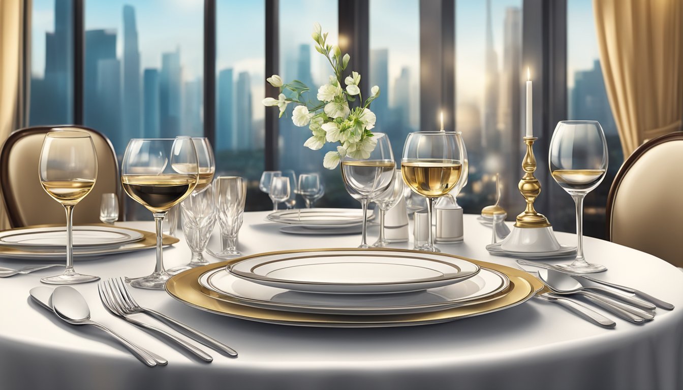 A luxurious table setting with fine dining utensils and elegant decor at a prestigious restaurant in Singapore