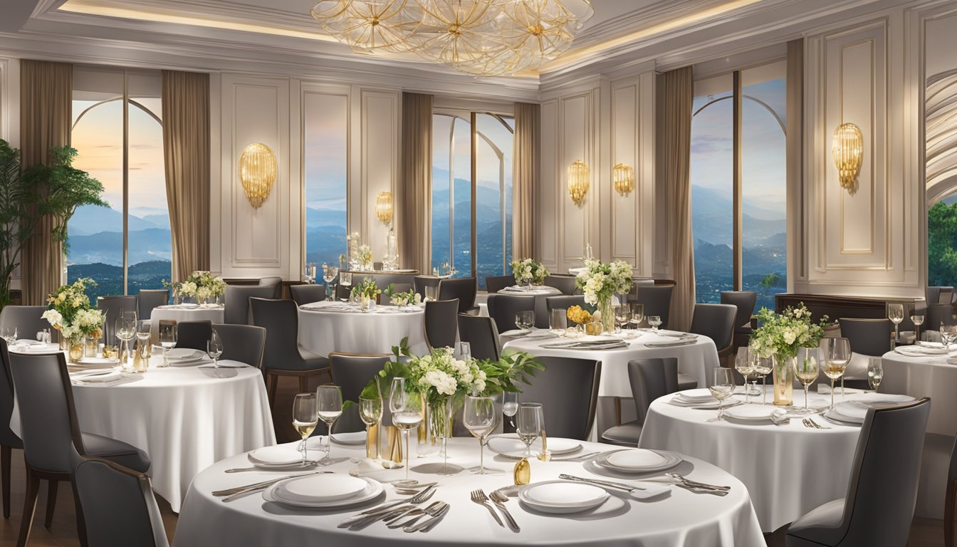 A luxurious dining experience at a high-end restaurant in Singapore, with elegant table settings and exquisite cuisine, showcasing the exclusive perks of Citi Prestige