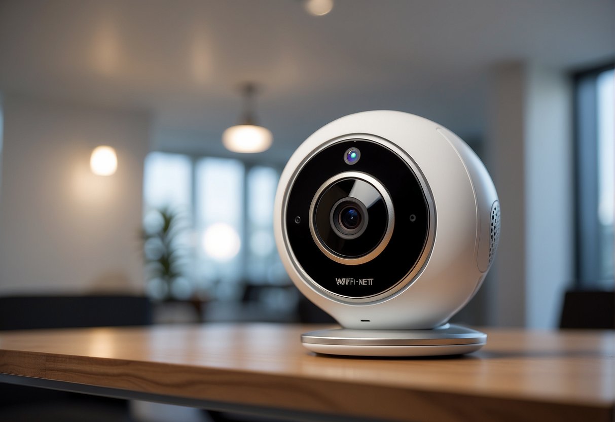 A wifi smart net camera mounted on a wall, with a clear view of a room. The camera is connected to a network and has a built-in microphone and speaker for two-way communication