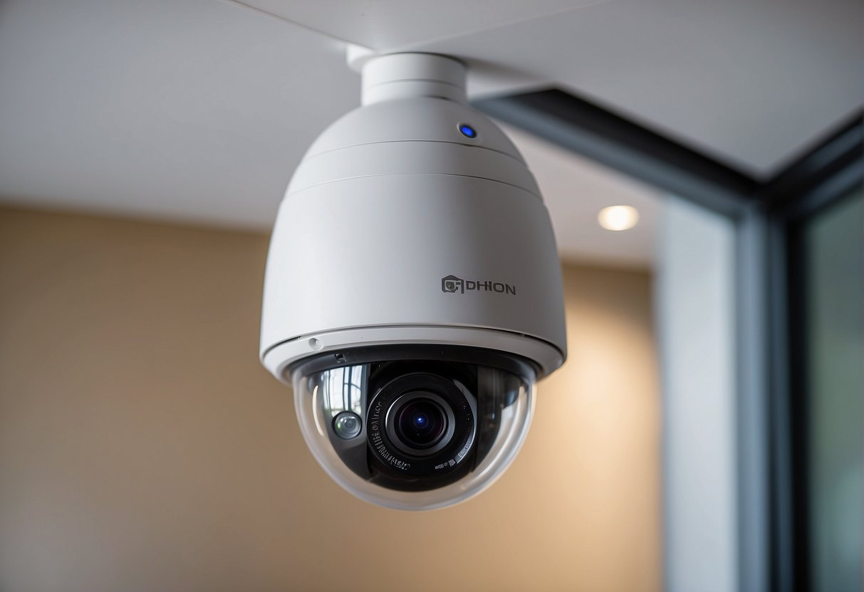 A wifi smart net camera is mounted on a wall, surrounded by security enhancements like motion sensors and alarms