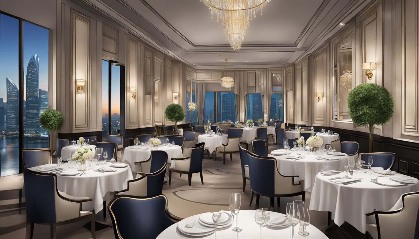 A luxurious dining experience at a high-end restaurant in Singapore, with elegant table settings and attentive service, showcasing the exclusive perks of Citi Prestige