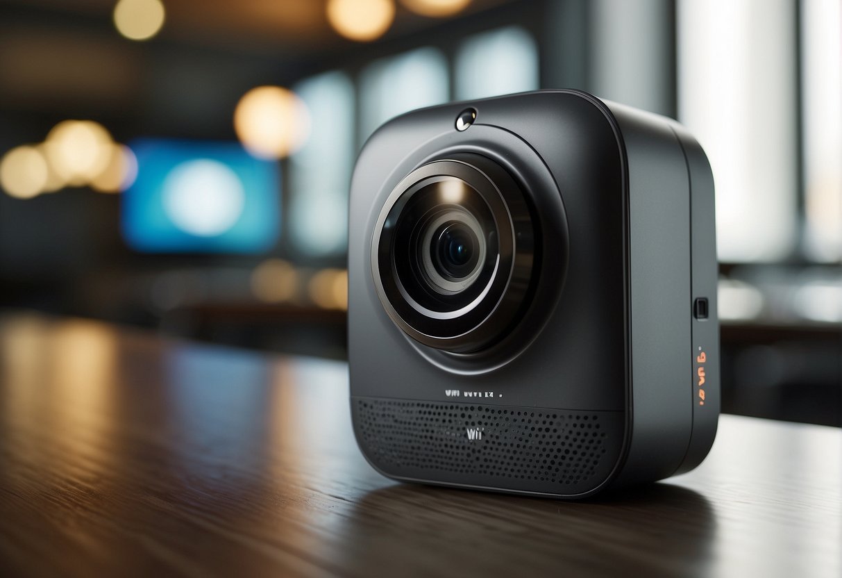 A wifi smart net camera is placed on a sleek, modern surface, with a small indicator light glowing