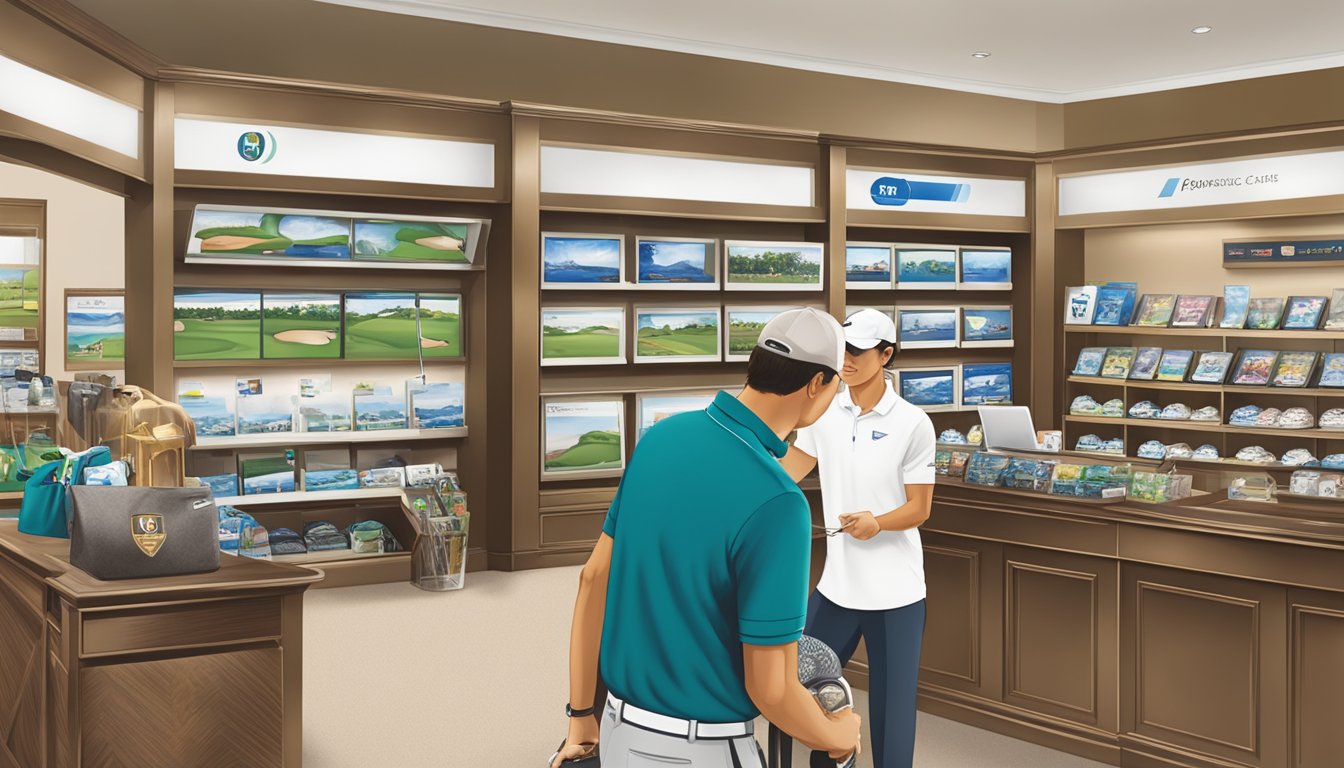 A golfer swiping a Citi Prestige card at the pro shop, earning and redeeming points for a round of golf in Singapore