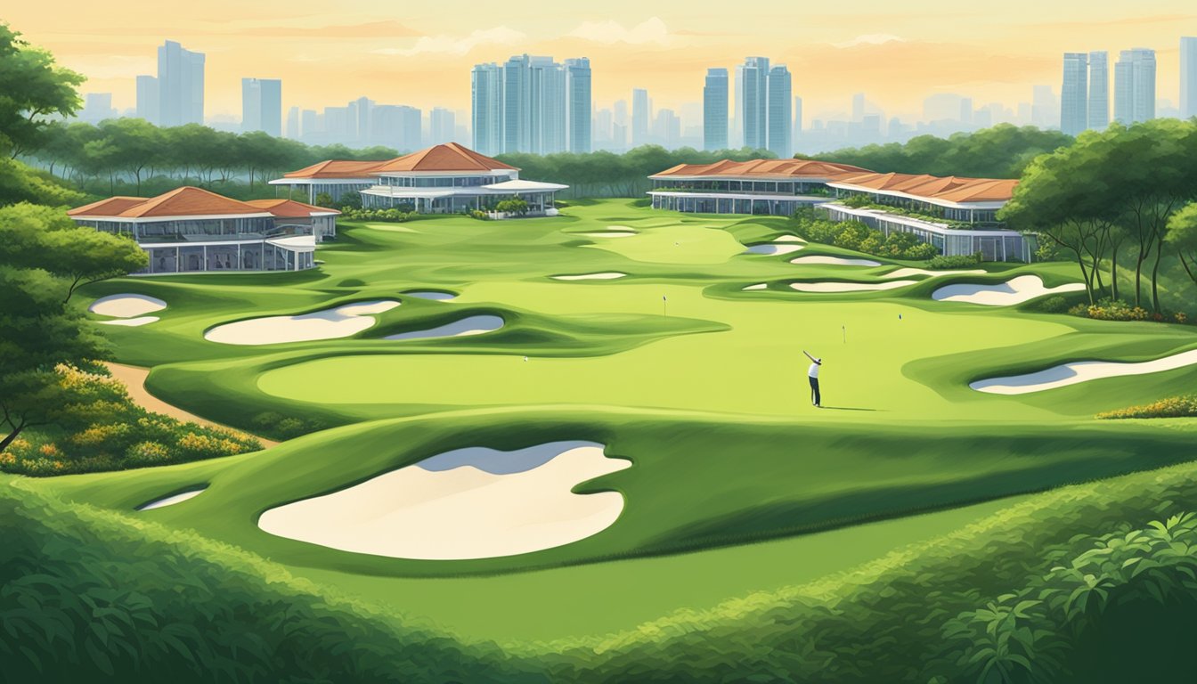 A luxurious golf course in Singapore, with the prestigious Citi Prestige logo displayed prominently. Lush green fairways, manicured bunkers, and elegant club facilities exude an air of exclusivity