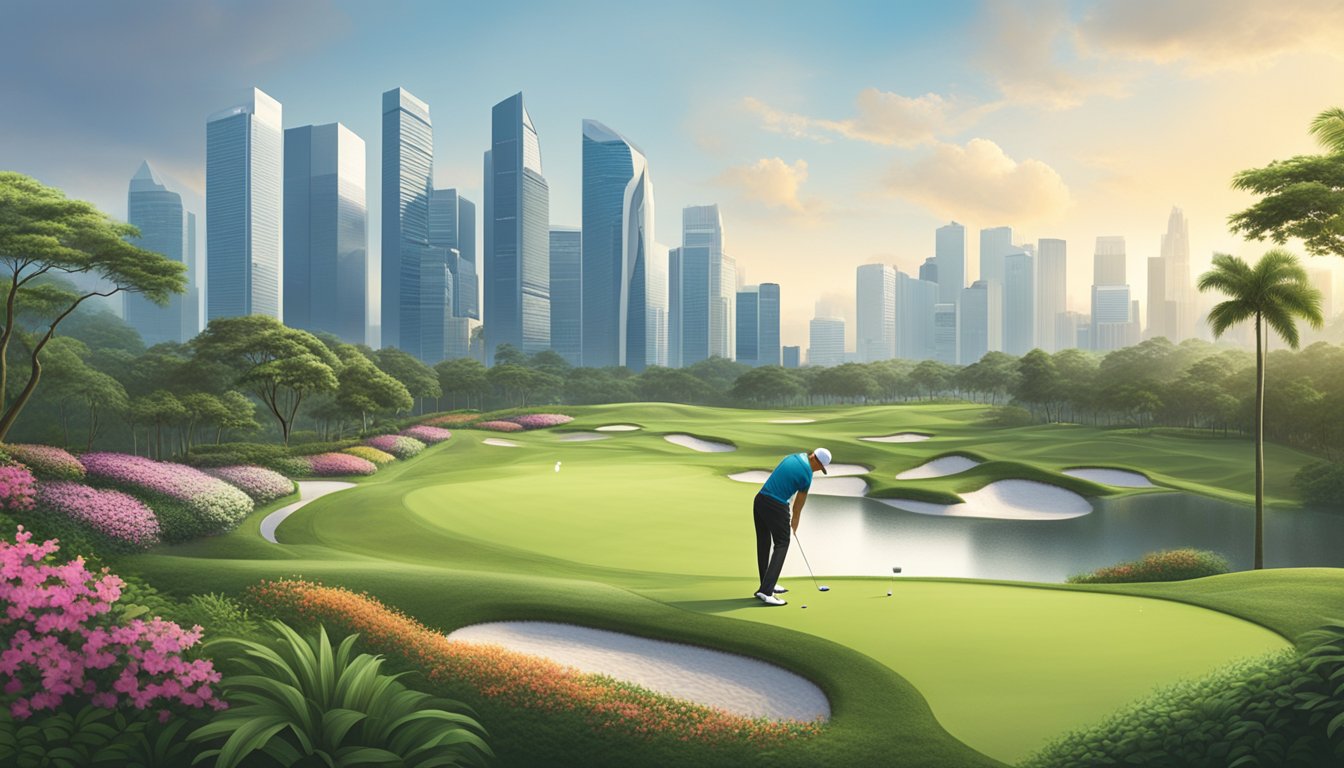 A golfer tees off at the prestigious Singapore golf course, surrounded by lush greenery and modern city skyline