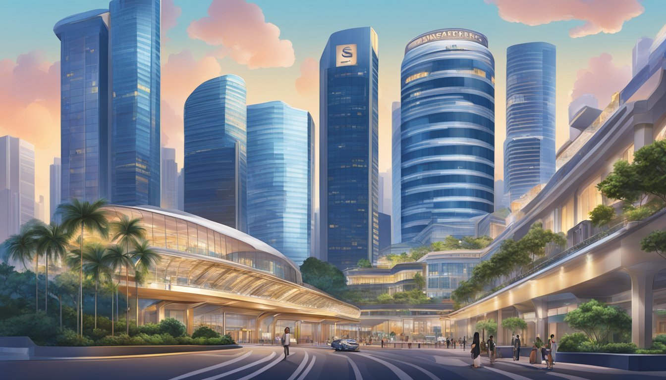 The bustling city of Singapore is depicted with the iconic Citi Prestige Hotel in the foreground, showcasing its luxurious amenities and exclusive booking perks