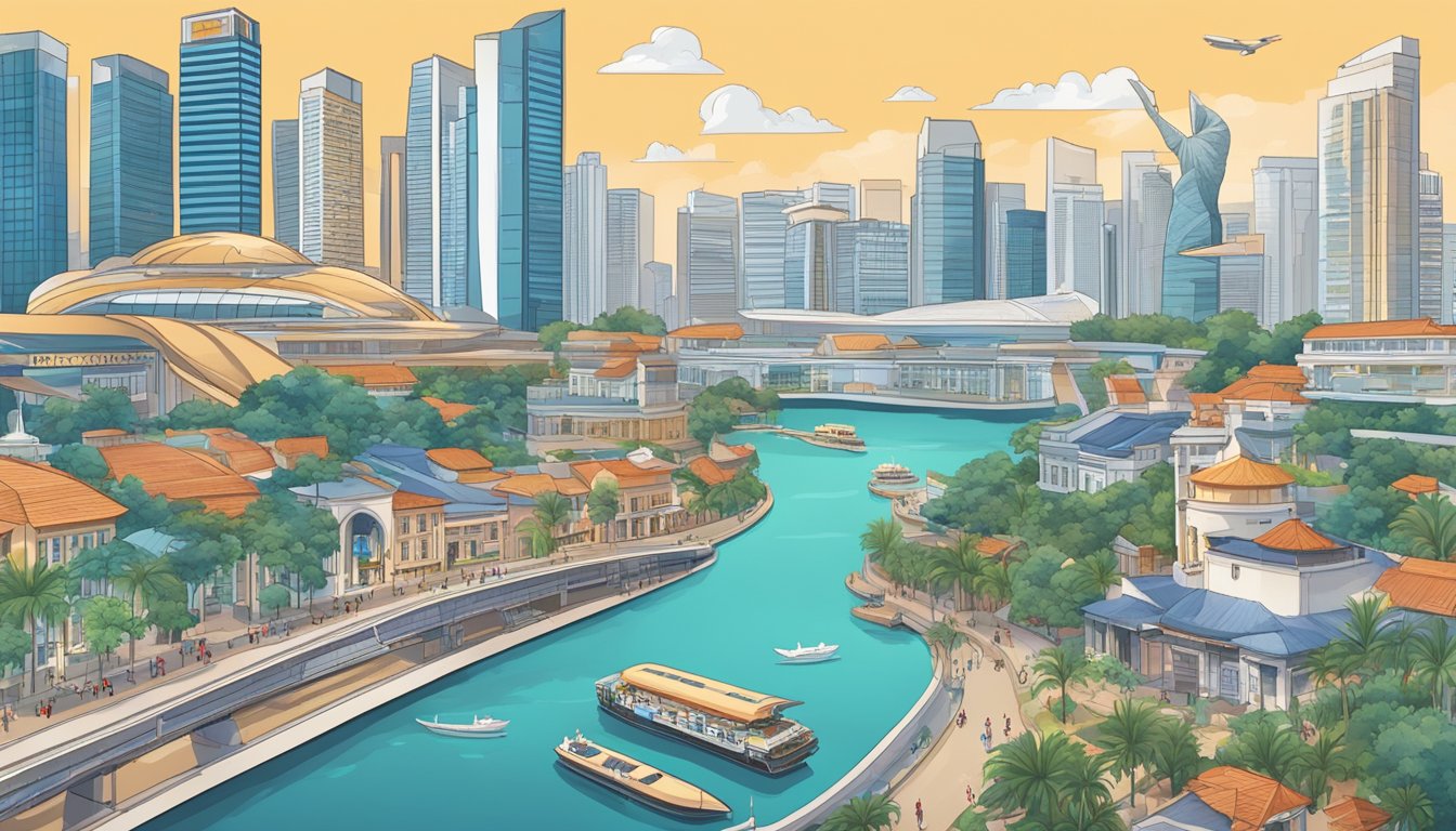 The bustling city of Singapore is depicted with iconic landmarks, luxury hotels, and the Citi Prestige card being used for booking accommodations