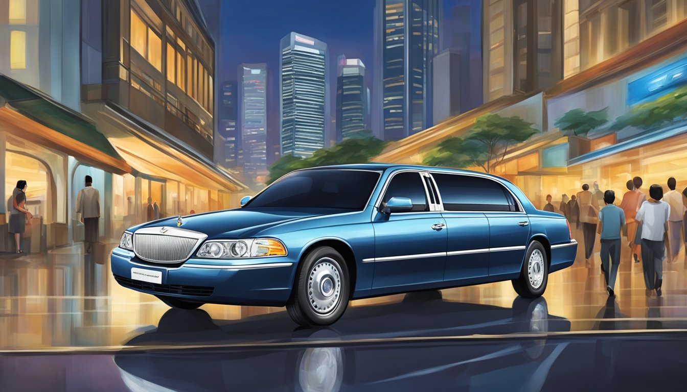 A sleek Citi Prestige limousine glides through the bustling streets of Singapore. The iconic skyline looms in the background, while the car exudes luxury and sophistication